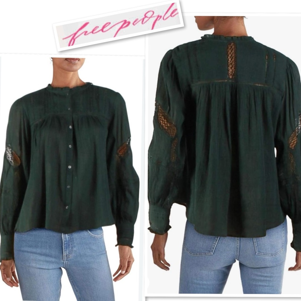 Free People Womens Emma Eyelet Button Down Blouse Color: Dream Lagoon Size S